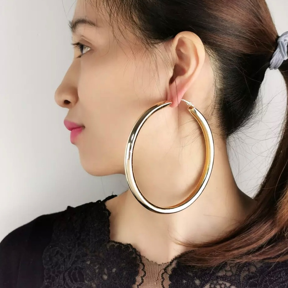 95mm 3 3/4 inch Silver Round Oversized Gold Hoop Earrings